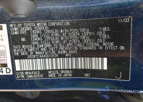 2004 Toyota Highlander V6 z USA, uszkodzony, nr VIN JTEDP21AX40010939